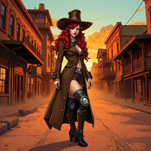 In this captivating Western-themed illustration, a striking woman stands confidently in the middle of a dusty street, framed by two-story wooden buildings. The scene is bathed in the warm hues of a setting sun, casting an orange glow over the entire landscape. The sky above is a serene blue, dotted with fluffy white clouds tinged with orange at their bases.

The woman, the focal point of the image, exudes a blend of ruggedness and allure. She wears a long, dark brown leather trench coat that reaches her knees, unbuttoned to reveal a low-cut shirt and very short shorts. Her attire is accentuated by a large, ornate belt buckle and knee-high boots that lace up to her thighs, each boot adorned with a clock face on the side. Her long, curly red hair cascades down to her chest, and she tops off her look with a classic cowboy hat.

Her pose is dynamic, with her hands resting on her hips, and she gazes directly at the viewer, her expression both inviting and mysterious. The cracked, dusty road beneath her feet and the faint mist rising from the ground add to the atmosphere of a hot, arid day. The buildings on either side of the street feature balconies and windows, with one prominently displaying a sign that reads "EAT," hinting at a saloon or similar establishment.

Overall, the image captures a moment of stillness and allure in a Western setting, with the woman as the captivating centerpiece against the backdrop of a setting sun and dusty streets.