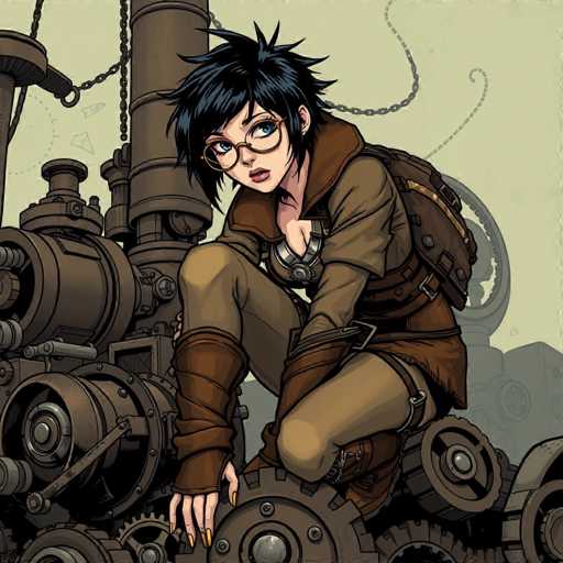 The image depicts a detailed, computer-generated illustration of a young woman with short, spiky black hair and large, expressive blue eyes. She is wearing distinctive, round, gold-rimmed glasses that accentuate her large eyes. Her attire consists of a brown dress with a matching brown collar and a brown backpack, complemented by brown boots that extend up to her knees. The woman is crouched down, with her hands resting on a large, circular gear, suggesting she is in the midst of operating or inspecting a complex machine. The background features a light greenish-gray hue, and the scene is filled with various mechanical components, including numerous gears and chains, indicating an industrial or steampunk setting. The overall composition is square, with the woman positioned centrally, emphasizing her role as the focal point of the image.