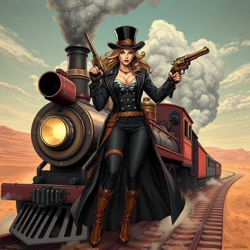 This detailed illustration depicts a striking woman standing in front of a train, set against a backdrop of a desert landscape. The train, which appears to be an old steam engine, is positioned on the left side of the image. It features a prominent black smokestack emitting thick plumes of smoke, a red cow catcher at the front, and a large headlight. The train's body is primarily black with a red section at the front, and it has a red caboose. The tracks curve from the bottom left corner of the image, extending towards the right.

The woman stands confidently on the train tracks, facing the viewer. She is dressed in a long black coat that reaches her knees, paired with black pants and brown boots. Her outfit includes a black vest with a white bow tie, and she accessorizes with a black top hat adorned with a brown band. She has long, flowing blonde hair and is holding two golden pistols, one in each hand. The overall scene captures a moment of poised tension, with the woman's attire and stance suggesting a blend of elegance and readiness.