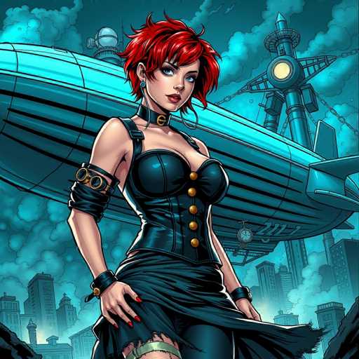 The image depicts a striking cartoon character set against a dark, cloudy sky. The character is a woman with short, vibrant red hair, styled in a bob cut. She has blue eyes and is adorned with large hoop earrings. Around her neck, she wears a choker with a prominent gold 'E' at its center. Her attire is a black leather corset dress, featuring gold buttons down the front, and it has a slit that reveals her thigh. She also wears a black leather skirt that complements her corset. On her left arm, she sports a pair of goggles, and on her right wrist, she has a black leather bracelet with a gold button. Her nails are painted a bold red. In the background, a large blimp hovers in the sky, and beneath it, a cityscape with tall buildings is visible. The overall scene is dark and moody, with the character standing out vividly against the gloomy backdrop.