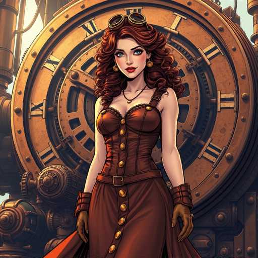 The image depicts a woman with red hair and brown leather gloves standing in front of an ornate clock that is part of a large machine. The clock has Roman numerals on its face and features gears and other mechanical parts surrounding it.
