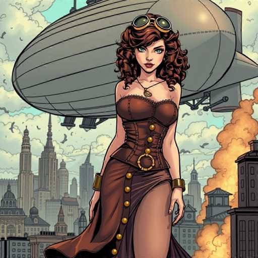 In this detailed cartoon image, a woman stands prominently in the foreground, exuding confidence and allure. She has long, curly brown hair cascading down to her shoulders and wears a pair of goggles with yellow rims and green lenses perched atop her head. Her striking blue eyes and red lips add to her captivating appearance. She is adorned in a strapless, brown corset-like dress that features a gold belt buckle at the waist and is embellished with gold buttons running down the front. The dress, which has a slit on the right side, reveals her leg, and she accessorizes with gold bangles on both wrists. 

Behind her, a large gray blimp hovers in the sky, adding a sense of adventure to the scene. The backdrop includes a cityscape with tall buildings, some of which are engulfed in flames, creating a dramatic and chaotic atmosphere. The sky is filled with clouds, enhancing the overall mood of the image. The woman appears to be looking directly at the viewer, her expression a mix of determination and allure.