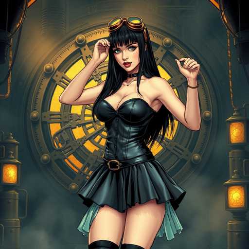 The image depicts a detailed, computer-generated illustration of a young woman in her 20s, set against a steampunk-inspired background. She has long, dark black hair with bangs, and her eyes are a striking blue. She is adorned with a pair of gold-colored goggles perched atop her head. Her attire consists of a black leather bustier top and a matching leather skirt that falls just above her knees, revealing her legs. She also wears thigh-high black boots and a choker around her neck. The woman is posed with her right hand touching the brim of her goggles and her left hand raised, as if she is about to adjust her hair. The background features a large, circular door with intricate gears and clockwork elements, illuminated by a yellow light. The scene is further enhanced by two lanterns on either side of the door, adding to the steampunk aesthetic.
