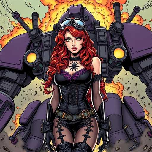 In this vibrant and detailed cartoon image, a striking woman with long, curly red hair stands confidently in front of a massive purple robot. She is dressed in a black corset with purple lace trim, paired with short shorts and thigh-high boots that lace up the front. Her ensemble is accentuated by a black choker featuring a spider emblem, and she wears long gloves that extend to her elbows. Atop her head, she sports goggles, adding to her adventurous look. The purple robot behind her, which has a humanoid form with two arms and legs, is equipped with yellow lights on its shoulders and multiple gun turrets. The robot appears to be engaged in combat, as suggested by the explosion of orange and yellow flames erupting from its back. The scene is dynamic and action-packed, capturing a moment of intense action and vivid detail.