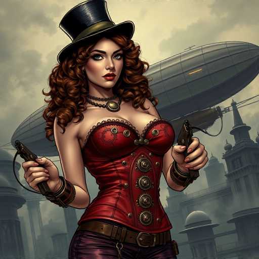 The image depicts a striking, computer-generated woman with long, curly brown hair cascading down to her chest. She is adorned in a black top hat with a green band, and her face is accentuated with red lipstick and blue eyes. Around her neck, she wears a black choker necklace featuring a prominent gold medallion. Her attire includes a red corset with gold buttons and a brown belt, paired with dark purple pants. She holds a black pistol in each hand, with the barrels pointed upwards. The background showcases a cloudy sky with a blimp or zeppelin floating above, and several buildings with domed roofs are visible, adding to the scene's dramatic atmosphere.