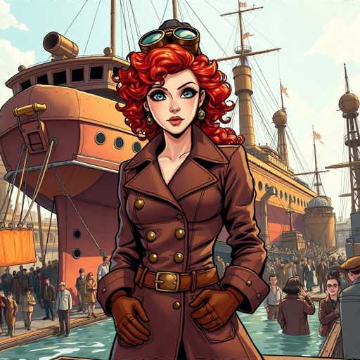 In this vibrant, cartoon-style illustration, a striking woman stands prominently in the foreground. She has long, curly red hair cascading down her back and wears a pair of goggles perched atop her head. Her attire consists of a long, brown trench coat adorned with gold buttons, a matching brown belt, and brown gloves. Her blue eyes and red lips add to her captivating appearance.

Behind her, a bustling harbor scene unfolds. A large, orange and brown ship is docked, with people walking along the pier and others standing in the shallow water. The sky above is a clear blue, dotted with white clouds, adding to the lively atmosphere of the port. The image is rich in detail, capturing the essence of a busy maritime setting.