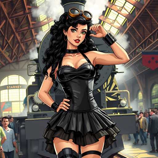 The image depicts a detailed, computer-generated scene set in a bustling train station. At the center of the composition stands a striking woman with long, wavy black hair cascading past her shoulders. She is adorned in a sleek, black dress that features a corset top and a short skirt, complemented by thigh-high boots. Her outfit is accentuated by black wristbands and a choker around her neck. Atop her head, she wears a pair of brown goggles, adding a touch of adventure to her appearance. Her pose is confident, with one hand resting on her hip and the other touching her hair.

In the background, a large, black train with yellow stripes dominates the scene, billowing steam from its smokestack. The train's front is marked by a prominent circular headlight. Surrounding the train, the station is alive with activity. On the left side, a man in a green shirt stands near a blue sign, while other passengers mill about. To the right, a man in a suit converses with a group of people, and a red flag with blue stars hangs from the ceiling, adding a splash of color to the setting. The station's architecture features a brown roof and a gray wall, with a large window on the left side that allows light to flood the space. The overall atmosphere is one of bustling energy and anticipation, capturing the essence of a busy train station.