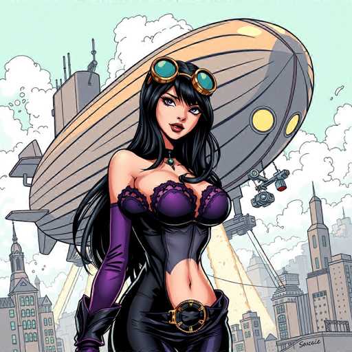 The image depicts a detailed cartoon scene featuring a large blimp with a gray body and a yellow top, adorned with two yellow circles on its side. The blimp has a gray fin at the back and is equipped with a camera at the front. It appears to be hovering over a cityscape filled with tall buildings, some with spires, and a few clouds in the sky. Below the blimp, a woman stands prominently. She has long black hair and wears gold-rimmed goggles with blue lenses on her forehead. Her attire includes a purple corset-like top with black lace detailing, a black choker necklace with a green pendant, and a black belt with a gold buckle. She also sports purple gloves that extend to her elbows and black pants. The woman's outfit and the blimp suggest a steampunk aesthetic. The overall scene is vibrant and detailed, capturing a moment of intrigue and adventure.