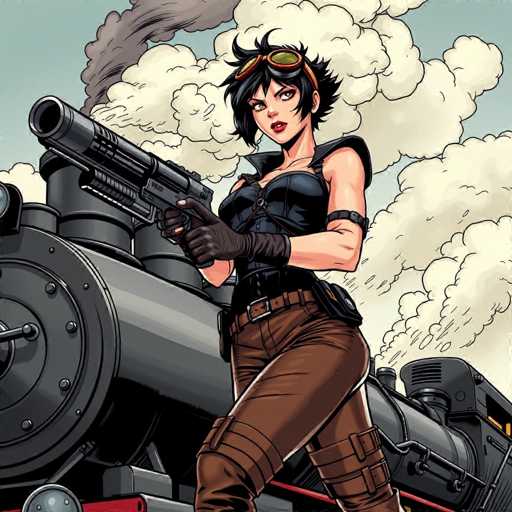 The image depicts a detailed cartoon drawing of a woman standing in front of a black steam locomotive. The woman, who has short black hair and is wearing goggles on her forehead, is dressed in a black sleeveless top, brown pants, and black gloves. She is holding a large black gun pointed towards the top left corner of the image. The steam locomotive behind her is emitting white smoke, and the background features a light blue sky. The woman's outfit includes a brown belt with a silver buckle and a black holster on her right side. The overall scene is set outdoors, with the woman positioned centrally in the image.