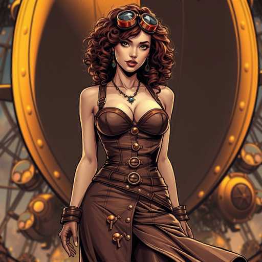 The image depicts a detailed, computer-generated illustration of a woman with curly brown hair, adorned with a pair of orange and black goggles perched on her forehead. She is dressed in a revealing, brown corset-like dress that accentuates her cleavage and features multiple buckles and straps. The dress, which has a slit on the right side, extends down to her thighs, revealing her arms and legs. She accessorizes with a black necklace that has a blue pendant, green earrings, and brown leather bracelets on both wrists. The background showcases a large, circular object with a gold rim and a brown center, resembling a door or a porthole, surrounded by smaller circular elements that evoke the appearance of a ship's wheel or a clock. The overall scene is set against a backdrop that suggests a steampunk aesthetic, with intricate metalwork and gears visible in the distance.