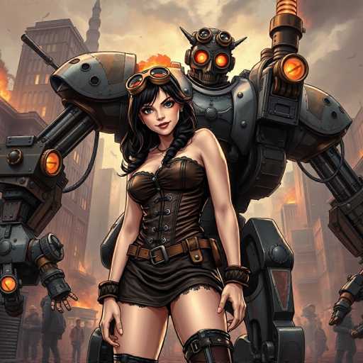 The image depicts a scene from a video game, showcasing a female character standing in the foreground. She is dressed in a revealing brown corset that accentuates her chest and waist, paired with a very short skirt. A brown belt with a silver buckle cinches her waist, and she has brown wristbands adorning her forearms. Her long black hair cascades down, with a braid draped over her left shoulder. She wears brown goggles perched atop her head and has a slight smile on her face. Her legs are partially visible, showing black thigh-high stockings with buckles.

Behind her looms a massive robot, towering over her at approximately three times her height. The robot features glowing orange eyes and is primarily gray in color. Its arms are equipped with large guns, and its shoulders are adorned with circular lights that also emit an orange glow. The robot's chest is marked by a prominent gray circle.

In the background, a cityscape is visible, with several buildings engulfed in flames. People can be seen standing around, seemingly indifferent to the chaos unfolding around them.
