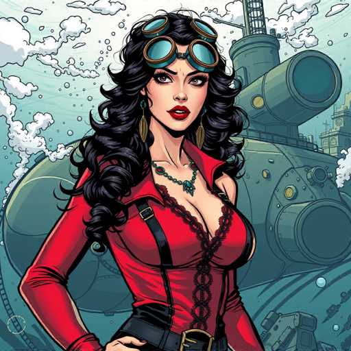 The image depicts a striking cartoon character of a woman with long, curly black hair cascading down to her waist. She is adorned with blue goggles featuring gold rims perched atop her head and wears long, dangling earrings that resemble gold leaves. Her lips are painted a vivid red, and she sports a necklace with a blue pendant. The woman is dressed in a red corset-like top with a lace overlay, complemented by suspenders and a black belt with a gold buckle. The background reveals an underwater scene with a large submarine, characterized by its greenish hue and two prominent gun turrets. The submarine appears to be moving through the water, leaving bubbles in its wake. The overall setting suggests a blend of adventure and mystery, with the woman exuding a sense of readiness and determination.