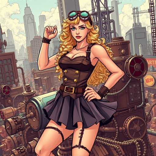 This detailed illustration depicts a striking woman with long, curly blonde hair cascading down to her waist. She is adorned with a pair of goggles perched atop her head, adding a touch of adventure to her appearance. Her attire is a stylish ensemble consisting of a black corset, a black skirt, and thigh-high garters that accentuate her legs. The woman stands confidently with one hand on her hip and the other raised in a fist, exuding a sense of strength and determination. The backdrop features a bustling cityscape filled with towering skyscrapers, while the foreground is dominated by an array of intricate machinery, including large gears and pipes, suggesting an industrial or mechanical environment. The scene is vibrant and dynamic, capturing the essence of a world where human ingenuity and mechanical marvels intertwine.