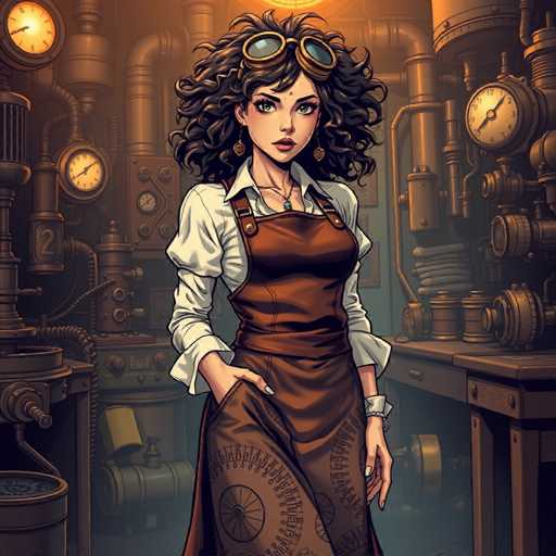 The image depicts a highly detailed, computer-generated illustration of a young woman standing in the center of a steampunk-style workshop. She has long, curly brown hair and is wearing gold-rimmed goggles with blue lenses perched on her forehead. Her attire includes a white button-up shirt with the sleeves rolled up to her elbows, a brown apron adorned with intricate diagrams of gears and circles, and a bracelet on her left wrist. Her right hand is tucked into her apron pocket, showcasing her long fingernails. The background is filled with an array of metallic machinery, pipes, and gauges, all in shades of brown, gray, and gold, contributing to the industrial and steampunk aesthetic. The scene is illuminated by a light source from above, casting a warm glow on the woman and her surroundings.