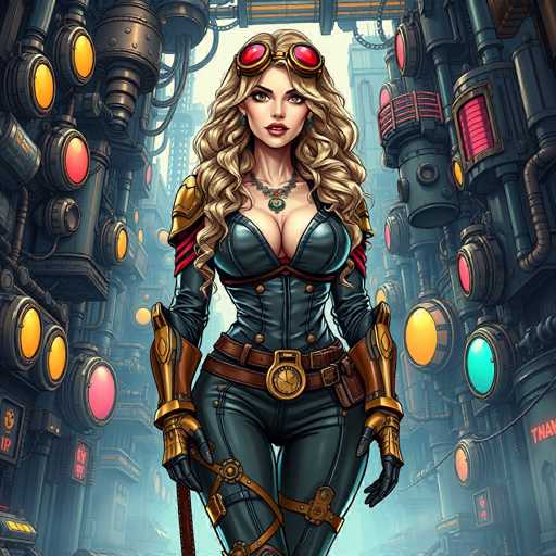 The image depicts a highly detailed, computer-generated, cartoon-style drawing of a young woman standing in the middle of a futuristic, steampunk-like cityscape. She has long, curly blonde hair cascading down to her chest and is adorned with a pair of red goggles perched atop her head. Her attire is a form-fitting, dark gray leather bodysuit that accentuates her figure, complete with a low-cut neckline and long sleeves. The bodysuit is accessorized with two brown belts, one of which features a prominent gold buckle, and a gold belt buckle. She also wears gold gauntlets on her forearms and black gloves on her hands. A necklace with a green pendant hangs around her neck. The woman stands with her legs crossed, exuding confidence. Surrounding her are towering buildings lined with numerous circular lights in various colors—yellow, red, pink, and blue—adding to the vibrant, industrial atmosphere of the scene.