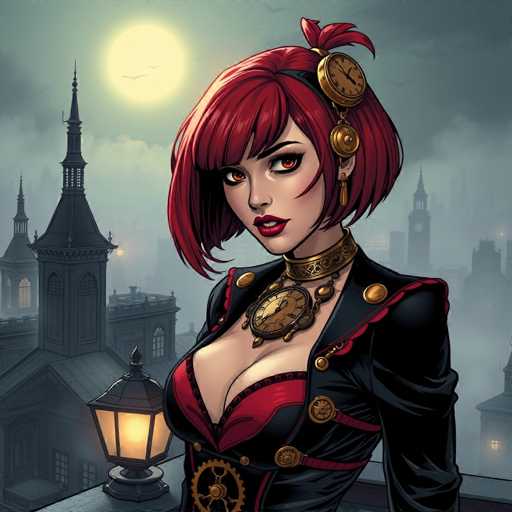 In this captivating image, a striking woman stands poised on a rooftop, exuding an aura of mystery and allure. She is adorned in a sleek black jacket, accentuated with vibrant red trim and a prominent gold button on the left side. Her attire is completed by a red bustier, which adds a touch of allure to her ensemble. Around her neck, she wears an intricate gold necklace featuring a clock face, adding an element of intrigue. Her short, red hair is styled with a black headband, and a second clock face is elegantly attached to the headband, enhancing her steampunk aesthetic. Her eyes, a mesmerizing shade of orange, are framed by bold black eyeliner, and her lips are painted a deep red, perfectly complementing her fair complexion. A gold earring dangles from her left ear, catching the light. Behind her, the cityscape is shrouded in fog, with the silhouettes of buildings and church steeples piercing through the mist. The full moon casts a soft glow over the scene, with two birds soaring gracefully in the sky. A lit lantern stands to her left, casting a warm light that contrasts with the cool fog enveloping the city.