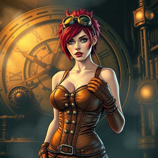 The image depicts a detailed, computer-generated illustration of a steampunk-inspired woman with short, spiky red hair. She is adorned with black goggles featuring yellow lenses perched on her forehead and is wearing a revealing, brown corset-like top with gold buttons, which exposes her cleavage. Her outfit includes brown leather gloves that extend up to her elbows and a matching brown belt with a silver buckle. The woman has blue eyes, red lipstick, and a fair complexion. She is posed with one hand on her hip and the other hand raised towards her chest, giving a confident and alluring look directly at the viewer. The background features a large, ornate golden clock with Roman numerals, set against a dark, smoky backdrop that includes additional steampunk elements such as gears and pipes, enhancing the overall industrial and fantastical atmosphere of the scene.