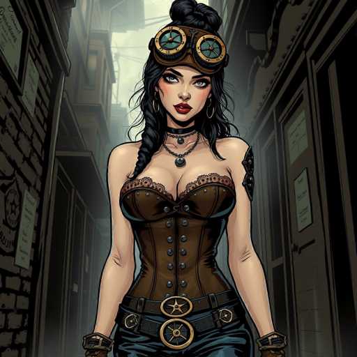 The image depicts a striking woman with long black hair styled in a braid that drapes over her right shoulder. She is adorned with a pair of brown leather aviator goggles, featuring green lenses, perched atop her head. Her attire includes a brown corset with black lace trim and a black belt embellished with gold buckles and circular designs. She also wears blue jeans and brown gloves. Her accessories are complemented by a black choker necklace with a silver pendant and a longer necklace with a round pendant. The woman has red lipstick and is looking directly at the viewer. The background is a dark, grayish alleyway with buildings on either side, some of which have signs and posters, though the text is not legible. The overall scene is dimly lit, adding to the mysterious and edgy atmosphere.