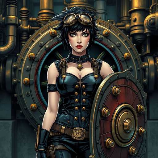 The image depicts a highly detailed, computer-generated female character set against a backdrop of intricate, steampunk-inspired machinery. She has short, spiky black hair and wears a pair of goggles pushed up onto her forehead. Her attire consists of a tight, black leather corset with gold buttons, a choker necklace adorned with a gold pendant, and a brown belt with a gold buckle. She also sports black gloves and black pants. In her left hand, she holds a shield that is brown with a gold center and a black border. The background features a large, circular metallic wheel with a red rim, surrounded by various gold and silver pipes and machinery, enhancing the steampunk aesthetic. The overall scene is rich in detail, with the character's outfit and accessories contributing to a cohesive and visually striking composition.