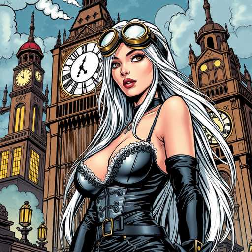 The image depicts a woman with long blonde hair and large goggles standing in front of two tall buildings, one of which has a clock tower on top. The woman is wearing a black dress and leather gloves, giving her an air of mystery and elegance.