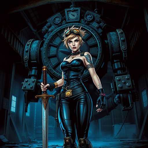The image depicts a highly detailed, computer-generated female character reminiscent of a video game or comic book. She stands confidently in the center of a dimly lit, industrial-style room, which features a large, round clock with Roman numerals and a steampunk aesthetic. The room is cluttered with debris, suggesting a post-apocalyptic or war-torn environment.

The character is dressed in a form-fitting, black leather bodysuit with gold accents, including a belt buckle and a choker. She has short, spiky blonde hair and wears goggles pushed up onto her forehead. Her right arm is adorned with a tattoo, and she sports black fingerless gloves. In her right hand, she wields a large sword with a gold hilt and a black handle, while her left hand is empty.

Her outfit is completed with black boots, and she has a gun holstered on her right side. The overall color palette of the image is dominated by shades of black, gray, and blue, enhancing the dark and gritty atmosphere of the scene.