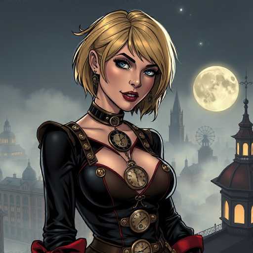 The image depicts a striking cartoon-style illustration of a woman set against a nighttime cityscape. The woman, who has short blonde hair and blue eyes, is adorned with red lipstick and a black choker. She wears a revealing black dress with red accents, featuring a plunging neckline and straps that crisscross her chest, each adorned with a clock. Her outfit is further detailed with a belt that also has a clock at its center. She accessorizes with earrings and a necklace that includes a clock. The background showcases a dark, foggy cityscape illuminated by a large, full moon, with buildings and a Ferris wheel visible in the distance. The scene is rendered in a detailed, almost anime-like style, emphasizing the woman's central position in the composition.