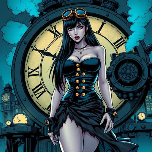 The image depicts a striking steampunk-themed cartoon scene. At the center stands a woman with long, dark hair and bangs, adorned with a pair of goggles perched atop her head. She is dressed in a revealing, dark blue corset with gold buttons, which ties up at the front and extends into a skirt that reveals her legs. Her outfit is complemented by black wristbands with gold accents. The woman has a fair complexion, blue eyes, and red lips, and she gazes directly at the viewer.

Behind her looms a massive, steampunk-style clock with Roman numerals, its face glowing yellow and surrounded by a dark blue frame. Steam billows from the top of the clock, adding to the industrial ambiance. The background features a cityscape with various buildings, including a prominent clock tower on the left and a smaller building with a large clock on the right. The entire scene is bathed in shades of blue, enhancing the cartoon's stylized, comic book aesthetic.