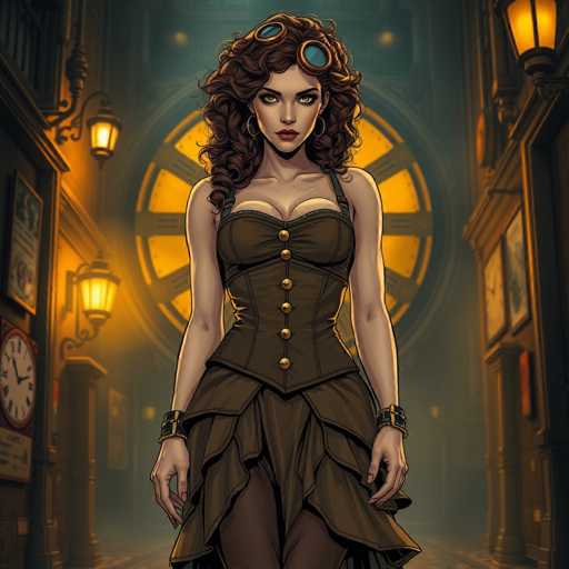 The image depicts a highly detailed, computer-generated illustration of a woman standing in the center of a dimly lit, ornate hallway. She has long, curly brown hair adorned with two pairs of goggles resting on top. Her striking yellow eyes and red lips stand out against her fair skin. She is dressed in a brown corset with gold buttons, paired with a matching brown skirt and tights. On her wrists, she wears black and gold bracelets. The hallway features old-style lanterns hanging from the walls, which are lined with numerous clocks and posters. Behind her, a large, circular window with a yellowish hue adds to the mysterious ambiance of the scene.