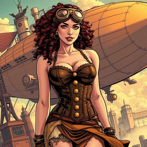 The image depicts a detailed, cartoon-style illustration of a woman standing in front of a large, steampunk-inspired airship. The woman has long, curly red hair and is wearing a pair of aviator goggles pushed up on her forehead. She is dressed in a revealing, brown corset with six gold buttons running down the center, and a matching brown skirt that is torn at the thigh, revealing her legs. She also sports black gloves and large hoop earrings. The airship behind her is predominantly brown with a lighter brown top, featuring a propeller at the front and a large camera attached to its side. The background includes a cityscape with tall buildings, a bridge, and a radio tower, all set against a sky filled with clouds. The overall scene has a steampunk aesthetic, blending elements of vintage aviation and industrial design.