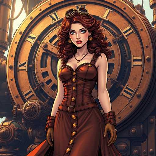 The image depicts a detailed, computer-generated illustration of a woman standing in front of a large, steampunk-style clock. The woman, who has long, curly red hair, is wearing a strapless, brown corset dress adorned with gold buttons down the front. She accessorizes with a thin black necklace featuring a small pendant, gold earrings, and brown gloves that have buckles on the wrists. Her makeup includes red lipstick, and she has a slight smile on her face. The clock behind her is circular with Roman numerals and intricate gears visible within its structure. The background is filled with additional steampunk elements, including pipes and gears, enhancing the overall mechanical and industrial aesthetic of the scene.
