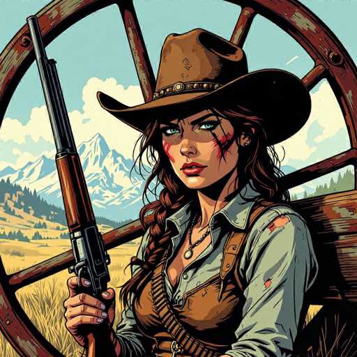 A stoic cowgirl, scarred and resolute, leans against a weathered wagon wheel, her piercing gaze fixed forward. She holds a rifle, set against a backdrop of distant mountains under a bright sky. The image is rendered in a gritty US comics style, utilizing bold shading and dramatic perspective to create a powerful, evocative scene.