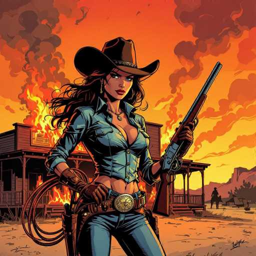 A confident cowgirl, clad in a blue shirt and jeans, stands defiantly before a burning saloon. She holds a lasso and rifle, her gaze intense against a dramatic, blood-orange sky filled with billowing smoke. The bold, comic book style emphasizes a dynamic perspective and a sense of action in this Western scene.