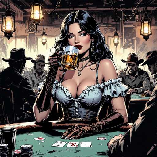 A sultry saloon girl, adorned in a ruffled denim dress and chaps, commands attention at a poker table. Surrounded by other players under warm lantern light, she sips whiskey from a chipped mug while holding a hand of cards. The high-contrast US comic style features bold outlines and rich textures, emphasizing the intimate, dimly lit scene.