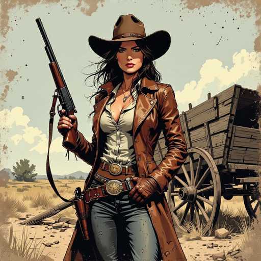 A determined Western woman in a weathered leather duster and wide-brimmed hat stands beside a broken wagon, holding a rifle. The gritty US comics style features textured surfaces and a muted color palette, emphasizing a sense of rugged adventure and emotional depth.