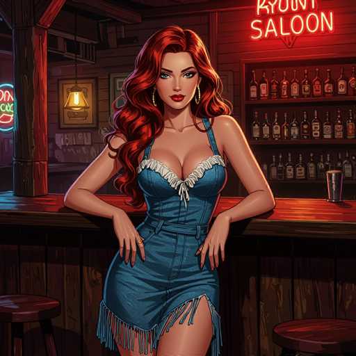 A sultry saloon girl with vibrant red curls and a fringed denim dress leans against a weathered wooden bar counter in a neon-lit saloon. The image, rendered in classic US comics style with dynamic lighting and expressive facial features, focuses on the woman's confident pose and the dimly lit bar setting.