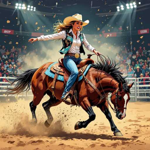 A dynamic rodeo scene unfolds with a confident cowgirl in a sequined vest and cowboy hat expertly riding a bucking bronco. Dust swirls around the arena as she rides with joyful energy, captured in a vibrant US comics style with bold motion lines and exaggerated expressions. The focus is on the action, showcasing a thrilling moment of skill and excitement.