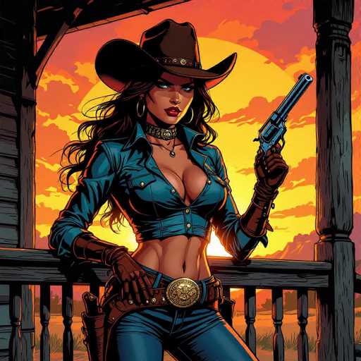 A bold, US comic-style illustration depicts a fierce cowgirl with long, flowing hair and a leather choker, confidently standing on a weathered wooden saloon porch. She wears a blue denim shirt and jeans, holding a revolver, against a vibrant sunset backdrop with dramatic shadows. The image showcases saturated colors and dynamic lighting, emphasizing the character's strong presence.