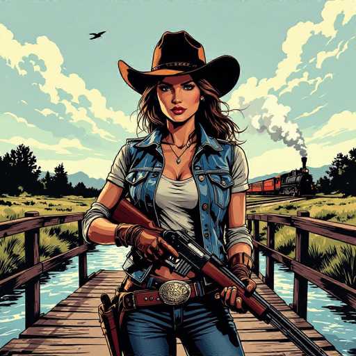 A stylish cowgirl in a denim vest and leather gloves stands confidently on a wooden bridge, rifle held ready. The gritty comic book style features dramatic shadows and a cinematic composition, emphasizing the vast landscape with a distant train emitting steam. The spatial relationship places her as the central figure, commanding the scene.
