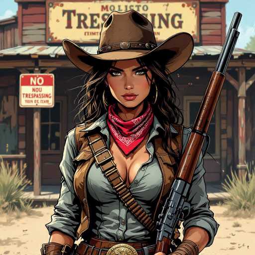 A determined cowgirl, adorned in a weathered cowboy hat and bandana, stands defiantly before a rustic saloon. A rifle is slung across her shoulder, emphasizing her readiness. The gritty, realistic comic style features deep shadows and textured surfaces, creating a dramatic, Western-themed portrait.