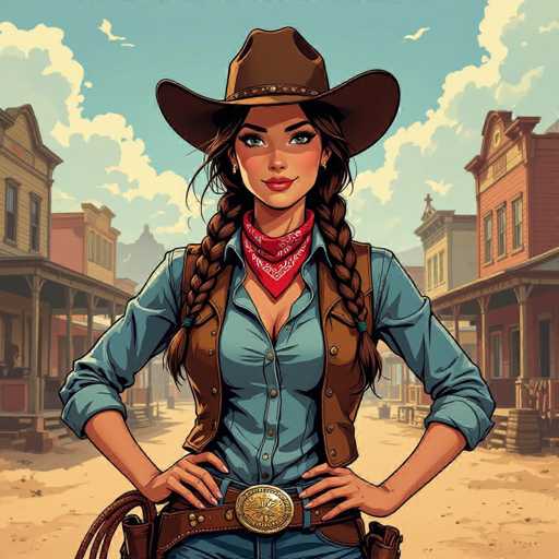 A confident cowgirl, rendered in a bold US comics style with exaggerated proportions, stands center in a dusty frontier town square. She's posed with one hand on her hip and the other holding a lasso, her braided hair and bandana adding to the Western aesthetic. The cinematic lighting highlights her determined gaze against a backdrop of stylized buildings and a bright sky.