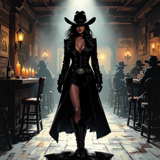 A mysterious Western woman, cloaked in a long black coat and cowboy boots, commands attention in a dimly lit saloon. The image employs a moody US comics style with rich blacks and dramatic highlights, emphasizing shadows and creating a sense of mystery. The woman's partially obscured face adds to the intrigue, while the candlelit setting and blurred figures in the background enhance the atmospheric depth.
