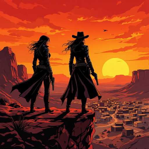 A lone female gunslinger, silhouetted in a black leather duster and hat, stands on a rocky cliff overlooking a desert town under a dramatic, blood-orange sunset. The US comics style features bold lines and detailed textures, emphasizing the vast, desolate landscape and the solitary figure's powerful presence.