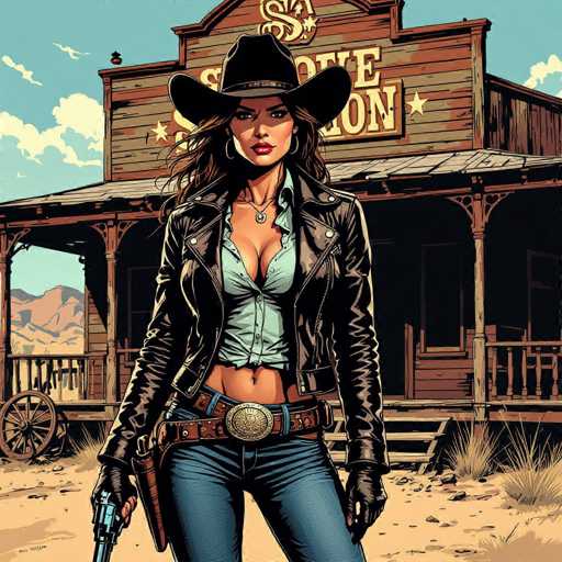 A confident cowgirl in a leather jacket and cowboy hat stands defiantly before a weathered saloon, her pistol held ready. The illustration embodies bold US comic style with dramatic shadows and cinematic composition, emphasizing a strong, lone figure in a desolate Western setting.