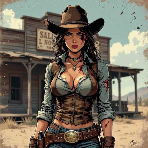 A rugged, scarred cowgirl in a weathered western outfit stands defiantly before a dilapidated saloon. Her intense gaze and holstered revolver emphasize her tough demeanor. The gritty, comic-book style with textured surfaces and dramatic angles creates a raw, vintage atmosphere.