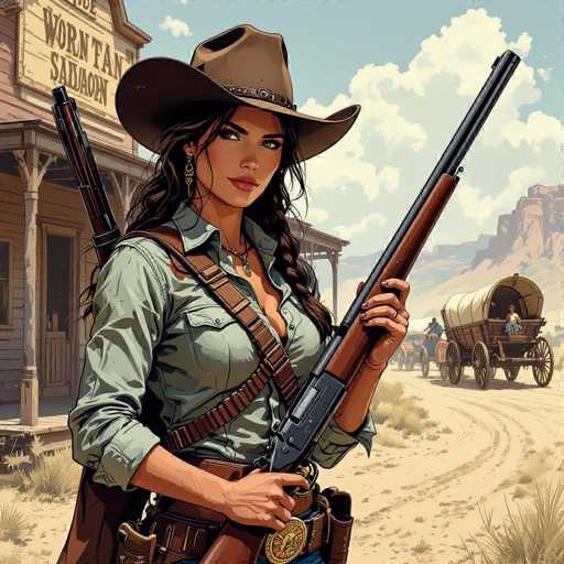 A stoic cowgirl in a classic Western pose stands confidently in front of a dusty saloon, rifle slung over her shoulder. A wagon train recedes into the distance under a bright sky. The image is rendered in a detailed, comic-book style with realistic textures and depth, evoking a vintage Wild West aesthetic.