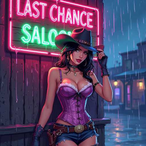 A stylish saloon girl in a purple lace corset and cowboy boots leans against a neon "LAST CHANCE SALOON" sign under a rainy night. The image features a stylized comic book aesthetic with vibrant neon glow and saturated colors, emphasizing the character's confident pose and the atmospheric rain.