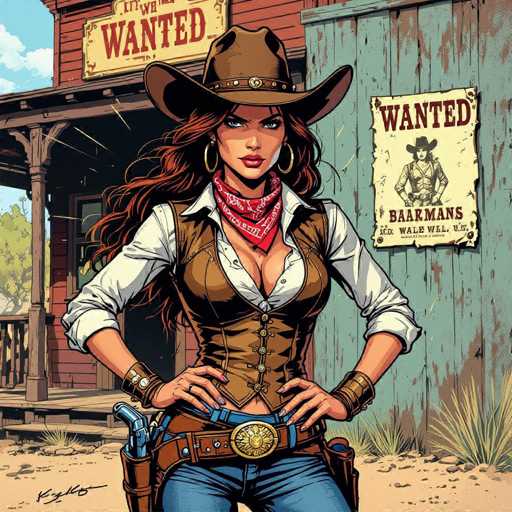 A determined cowgirl, clad in a brown vest and blue jeans, stands confidently in front of a weathered saloon. A prominent "WANTED" poster hangs on the wall, and she's armed with a pistol holster. The illustration embodies a dynamic, action-packed comic style with bold colors and motion lines, emphasizing her fierce presence in the Wild West.