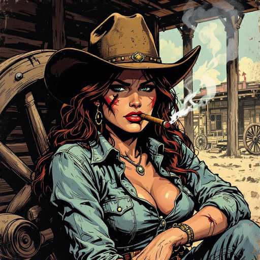 A rugged cowgirl, adorned in a weathered denim shirt and cowboy hat, leans against a rustic wagon wheel outside a saloon. Her scarred face and smoking cigar evoke a vintage Western aesthetic, rendered in a gritty, comic-book style with dramatic shading and textured details. The scene is framed by a backdrop of a dusty, sun-baked environment.