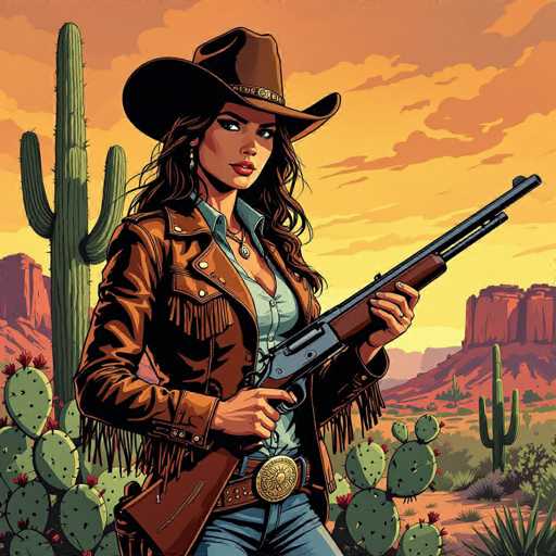 A determined cowgirl in a fringed leather jacket and cowboy hat stands confidently beside a cactus-covered mesa, holding a rifle. The illustration, in bold US comics style with deep earth tones and dramatic lighting, features a strong spatial relationship between the woman, cacti, and distant landscape.