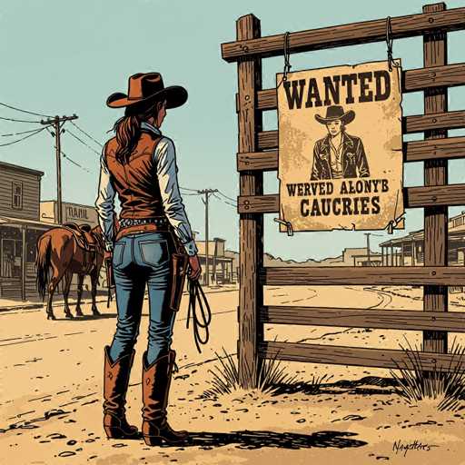 A lone cowgirl in a leather vest and boots stands on a dusty street, facing a faded "Wanted" poster for "Werred Alony's Gauceries." A tethered horse stands nearby, and the scene is rendered in a classic US comics style with dramatic shading and cinematic depth, emphasizing a sense of solitude and adventure.